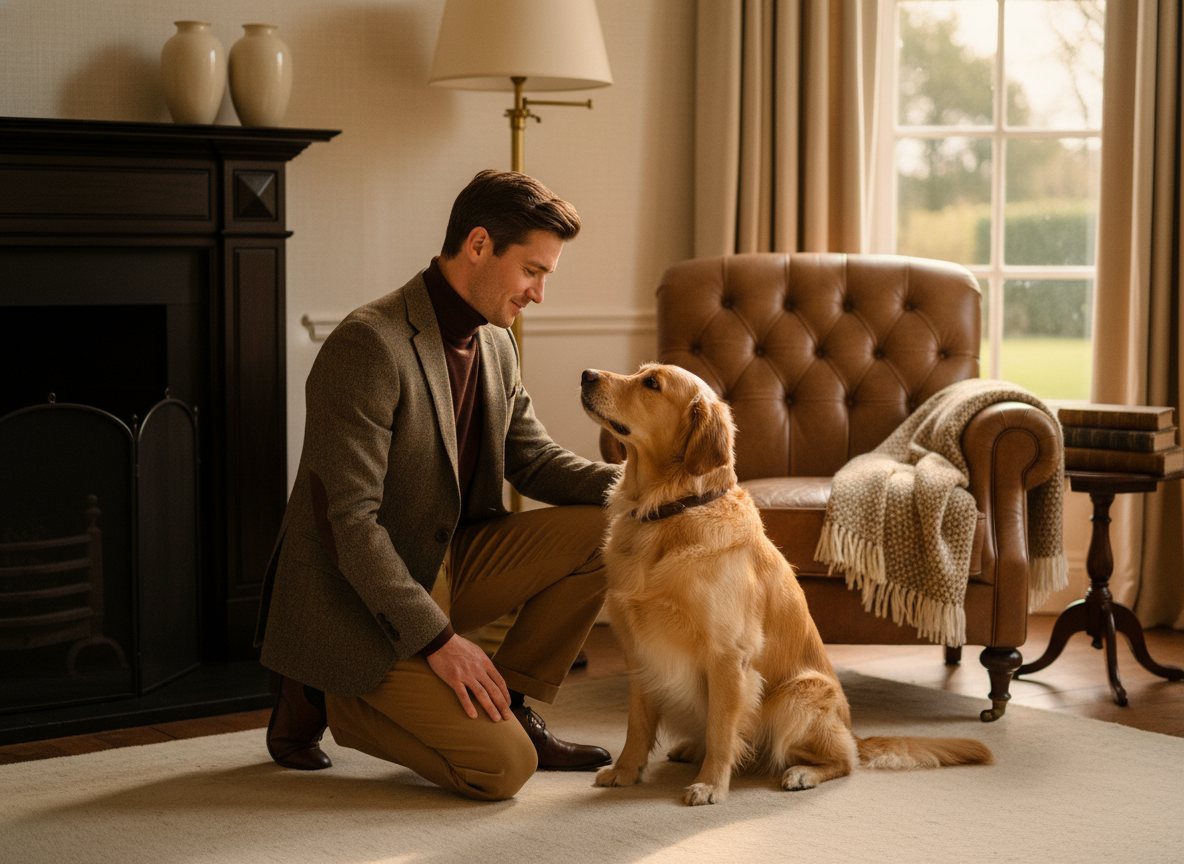 An owner and their calm, well-trained dog sharing a quiet moment.