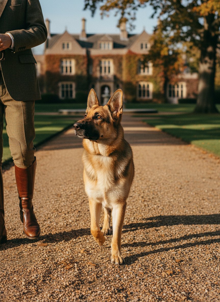 A German Shepherd heeling attentively beside its handler on manicured estate grounds at golden hour.